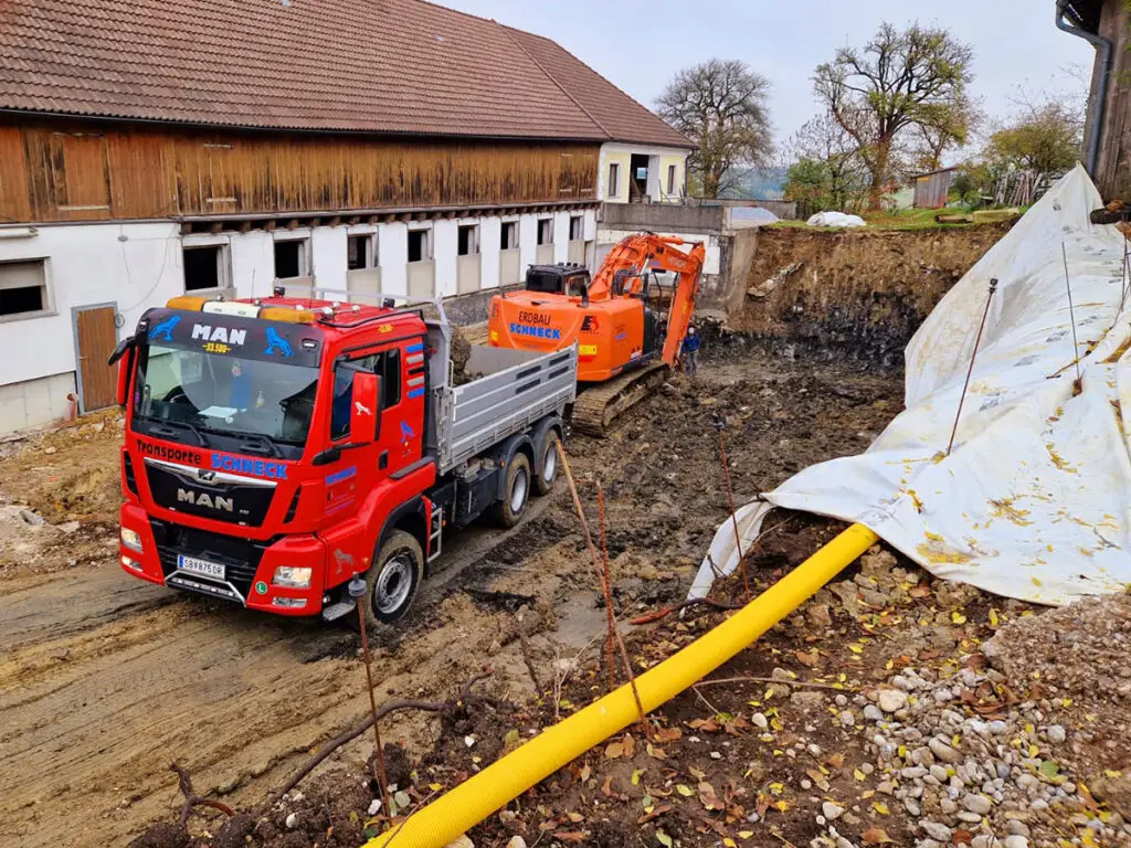 Aushubarbeiten für ein Bauvorhaben mit LKW-Abtransport und Kettenbagger.