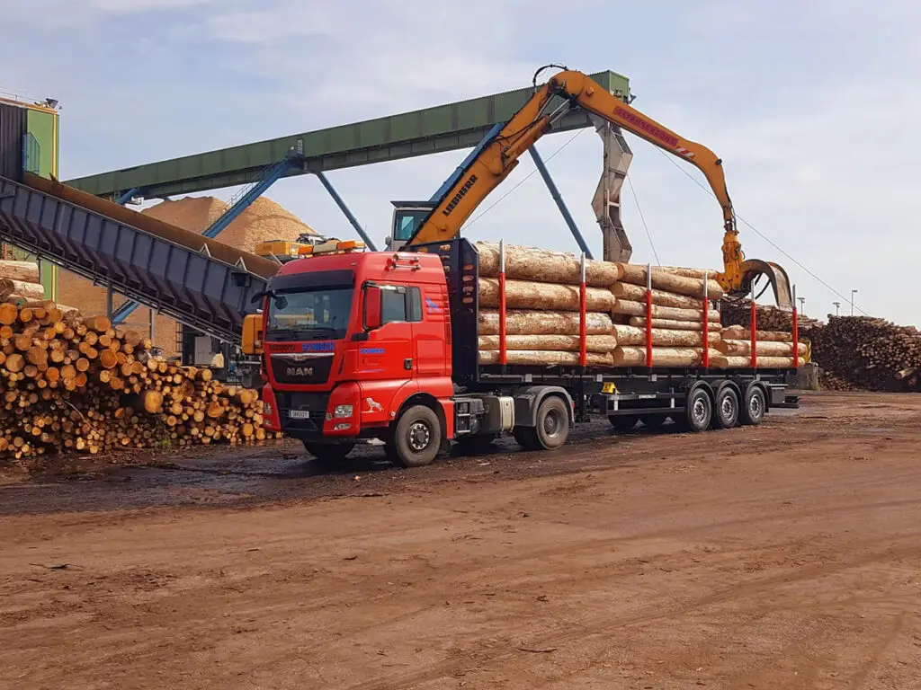 MAN-Holz-LKW wird mit Rundholz neben einem Sägewerks- oder Holzlagerbereich beladen.